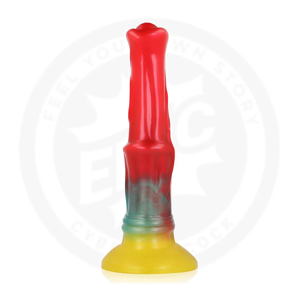 Gode en silicone dégradé rouge, vert et jaune fluo, base ronde jaune, pointe effilée, sur fond blanc