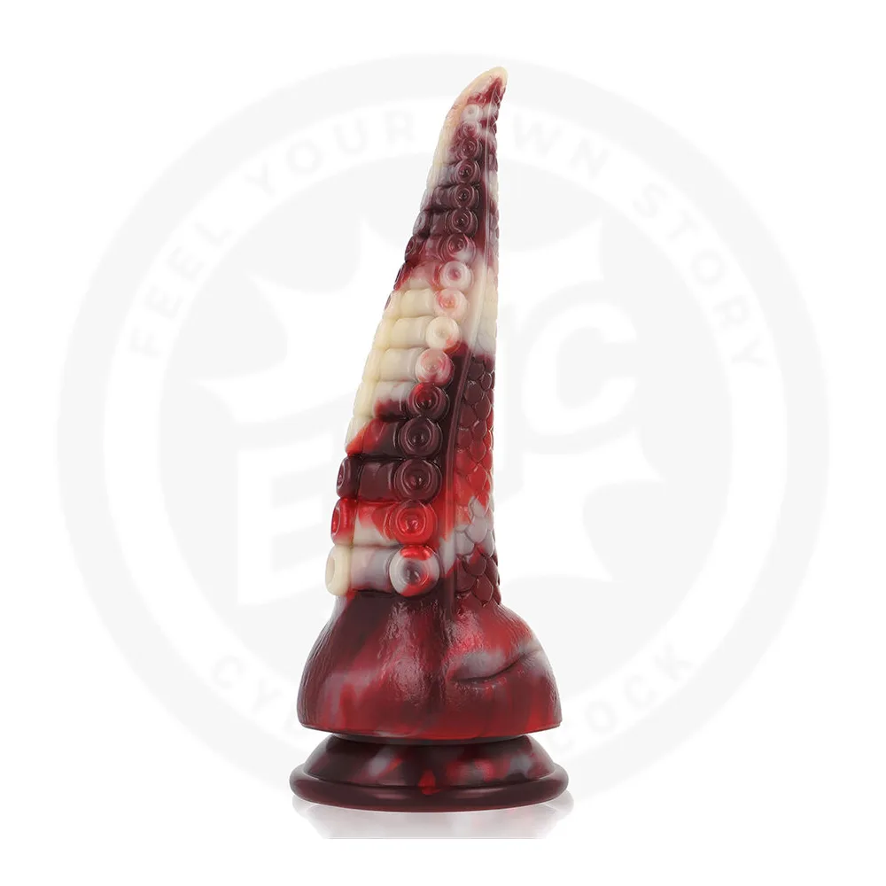 Gode Draxis en silicone rouge et crème, forme conique progessive avec motifs texturés en spirale, base ventouse ronde, fond blanc