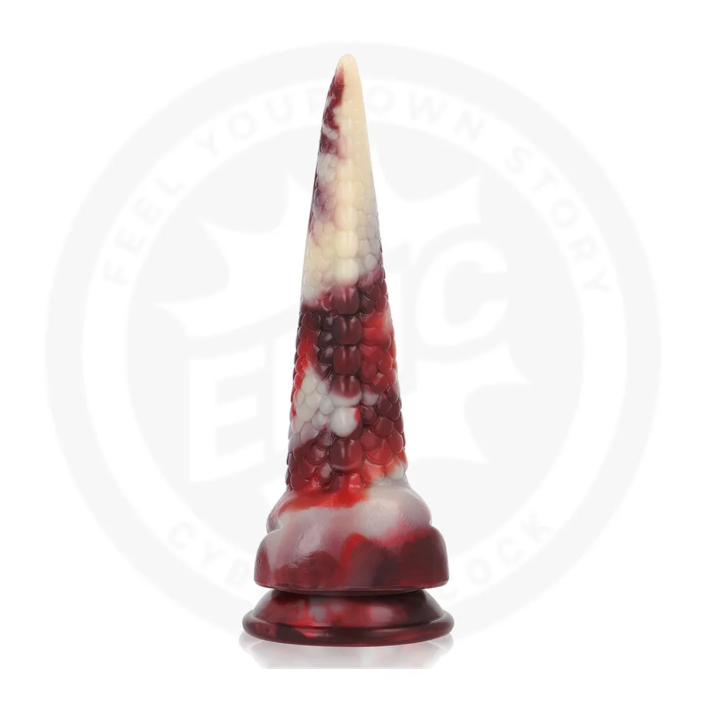 Gode Draxis en silicone rouge et crème, forme conique progessive avec motifs texturés en spirale, base ventouse ronde, fond blanc