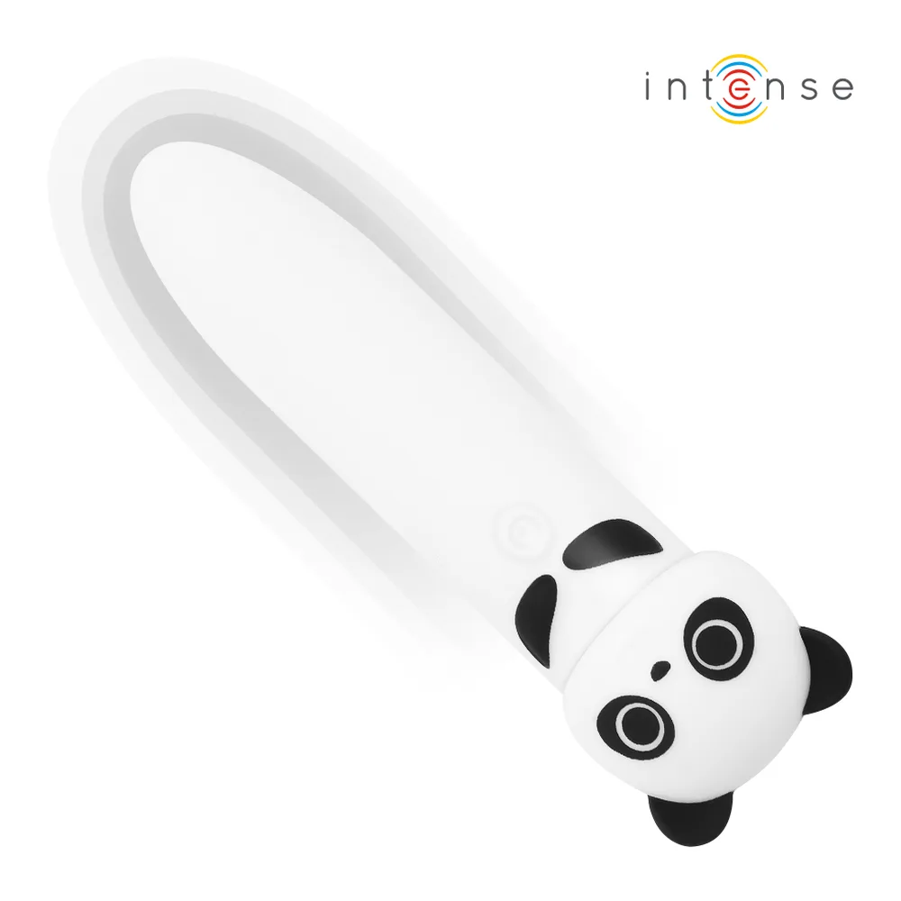 Bullet vibrant blanc avec tête de panda blanc et noir, oreilles arrondies, yeux circulaires, cordon de retrait gris, sur fond blanc
