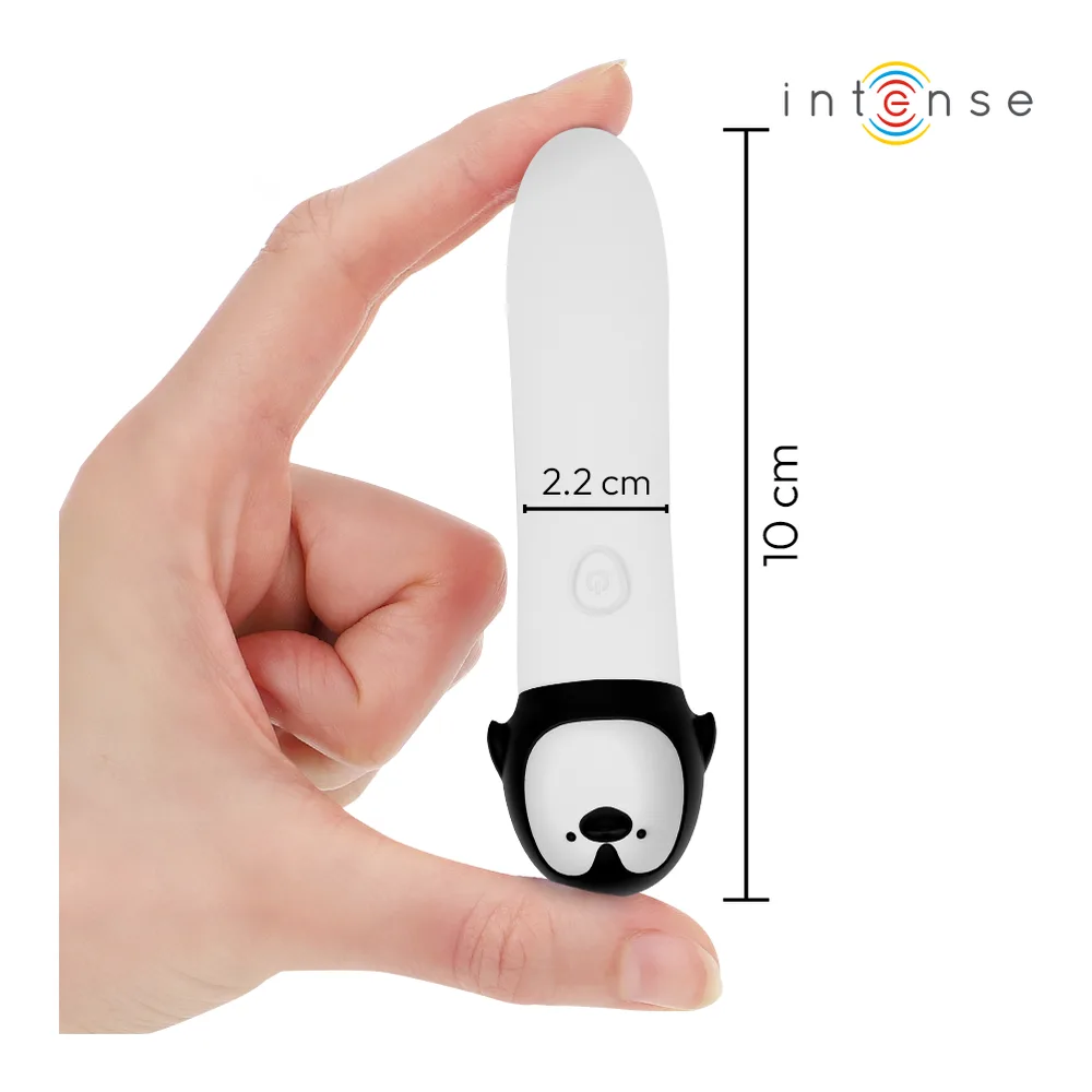 Bullet vibrant blanc translucide avec tête noire en forme de pingouin, cordon de maintien blanc, bouton de contrôle visible sur le corps, sur fond blanc
