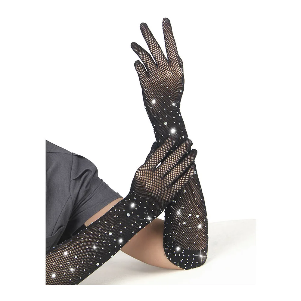 Paire de gants longs noirs semi-transparents ornés de strass argentés sur toute la longueur, avec doigts individualisés