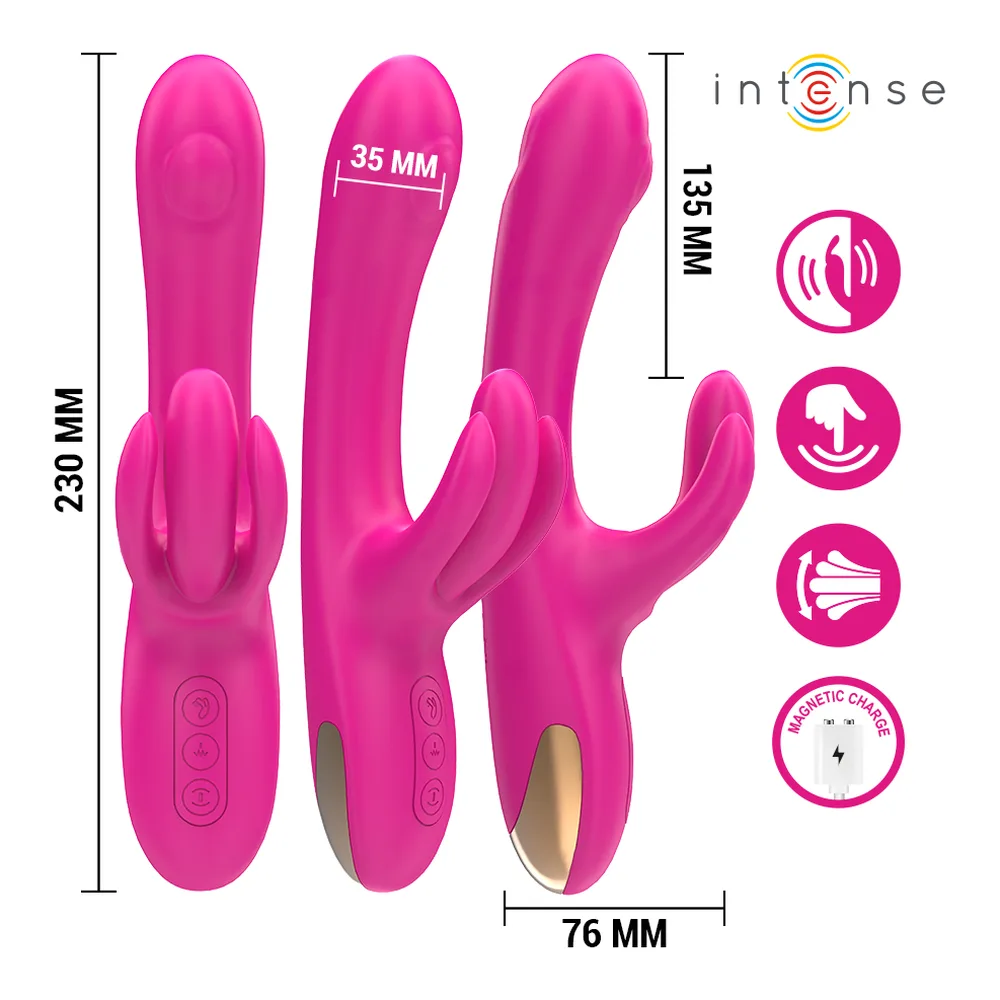 Vibromasseur rose pâle avec tête en silicone rose fuchsia et détail de moteur visible en schéma, 7 modes de vibration indiqués, marque Intense