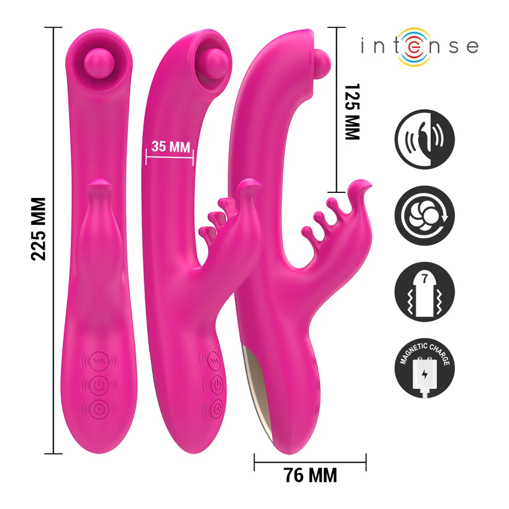 Vibromasseur rabbit en silicone rose fuchsia avec emballage, trois moteurs indépendants, tête rotative et stimulateur clitoridien, recharge USB, 8 modes de vibration