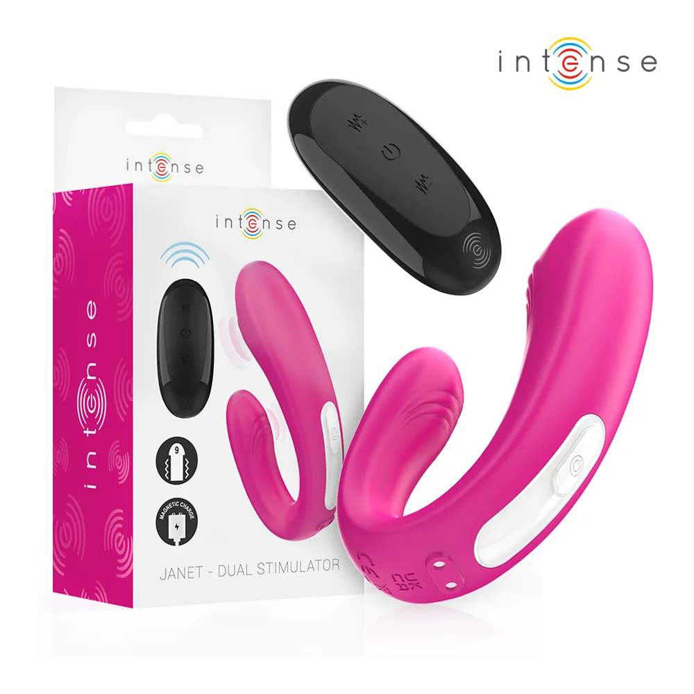 Vibromasseur en U rose et fuchsia avec deux extrémités arrondies, montrant les dégradés de flexibilité, logo Intense en haut à droite, schéma de démonstration de la flexibilité en cercle