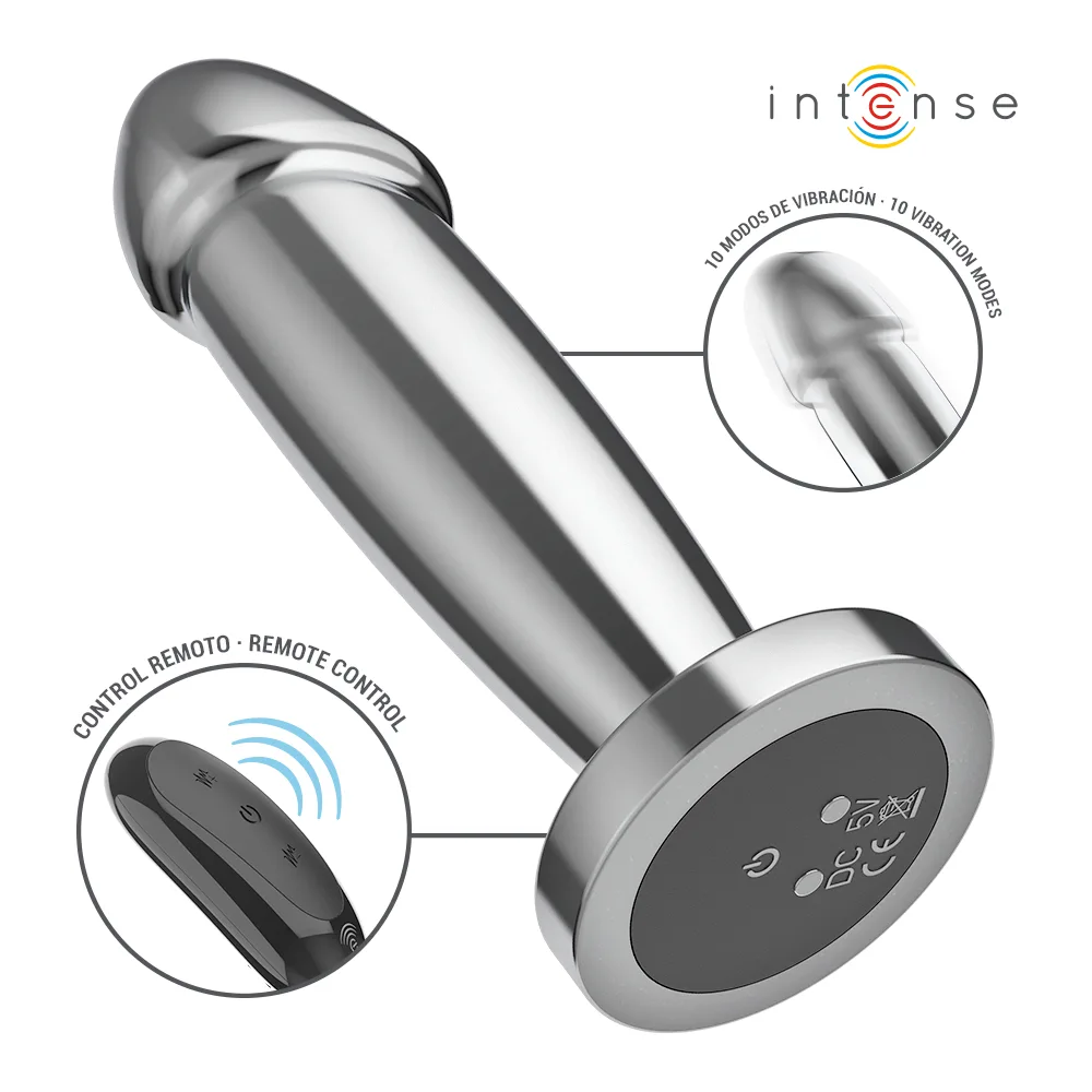 Plug anal en aluminium gris argenté avec base noire, télécommande noire sans fil et emballage boîte blanche du modèle Intense