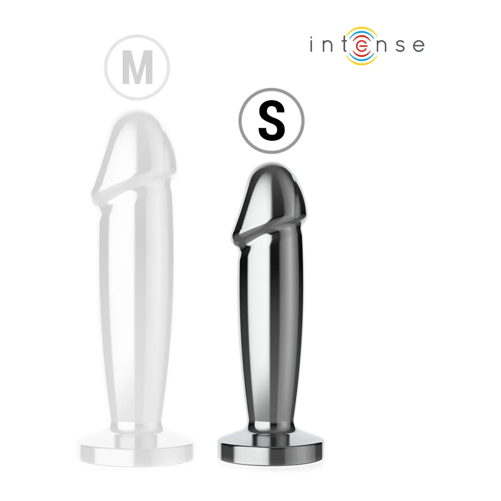 Plug anal en aluminium gris argenté avec base noire, télécommande noire sans fil et emballage boîte blanche du modèle Intense