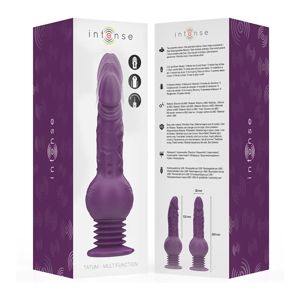 Vibromasseur réaliste en silicone blanc avec base ventousée violette, détail agrandi montrant la ventouse avec texte « Agrre con ventosa - Strong suction cup »