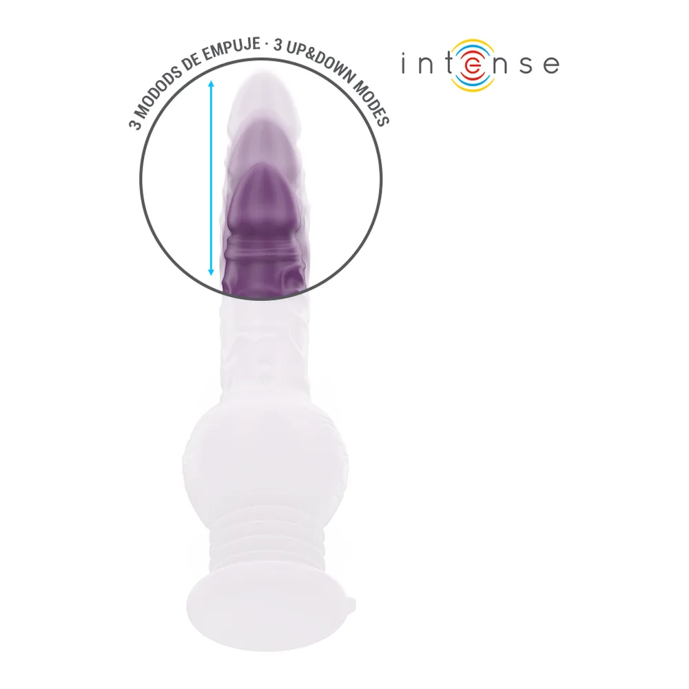 Vibromasseur réaliste en silicone blanc avec base ventousée violette, détail agrandi montrant la ventouse avec texte « Agrre con ventosa - Strong suction cup »