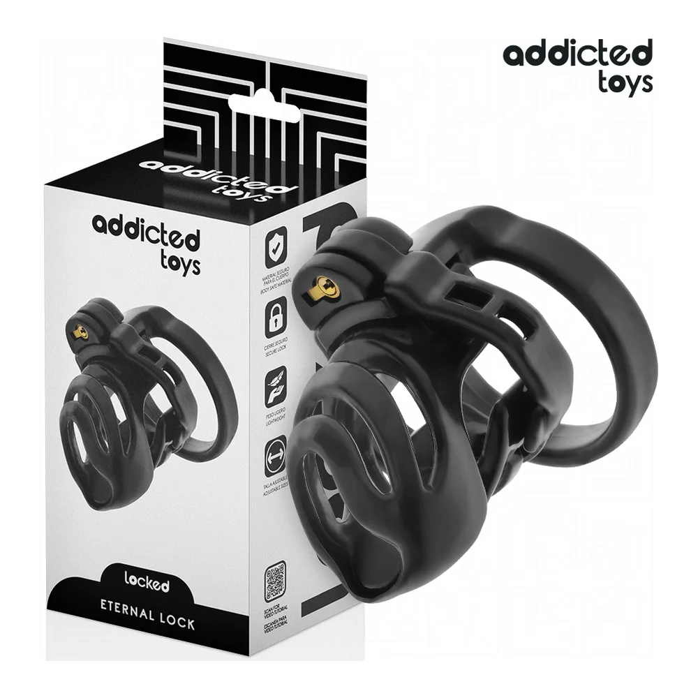 Cage de chasteté en silicone noir avec anneau de base large, pièce de verrouillage articulée et dilatateur urétral doré amovible, vue d'angle sur fond blanc