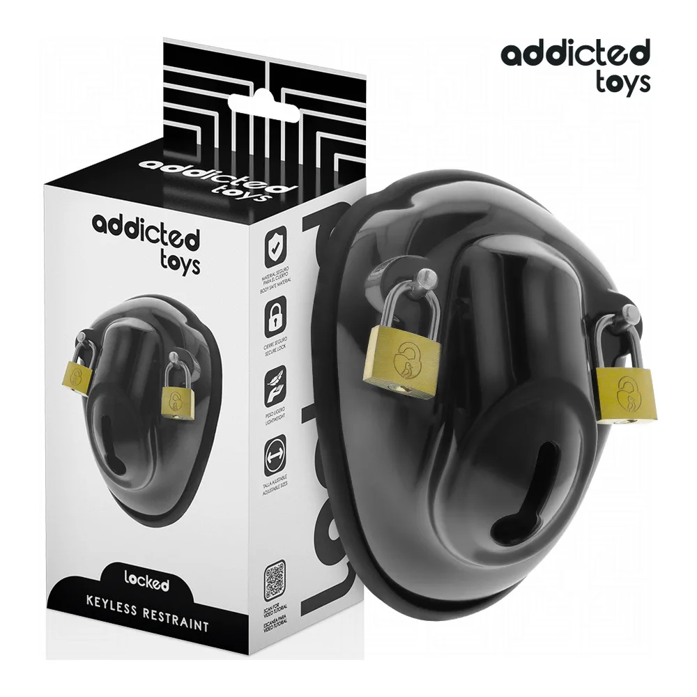 Cage de chasteté noire en silicone avec coquille intégrale, fermée par deux cadenas laiton sur les côtés, vue de face sur fond blanc