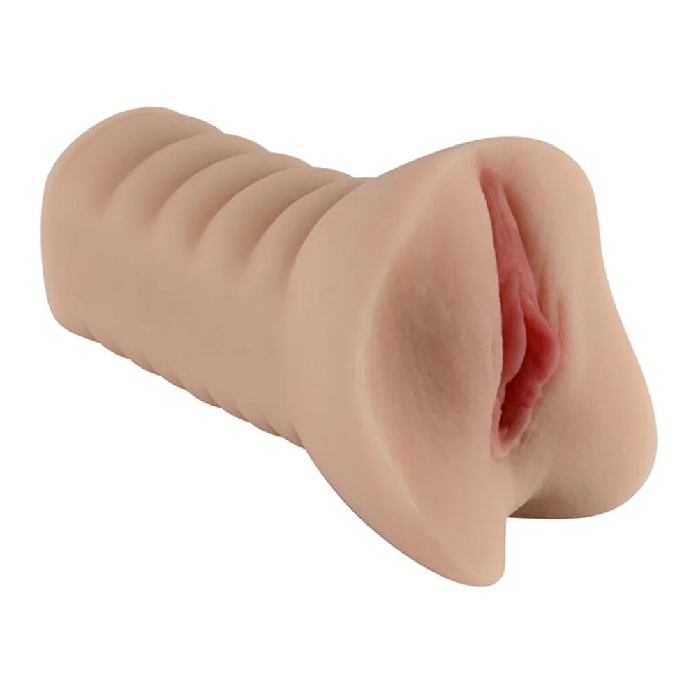Masturbateur en silicone de couleur chair avec ouverture réaliste en haut et sillons texturés sur toute la longueur, présenté sur fond blanc