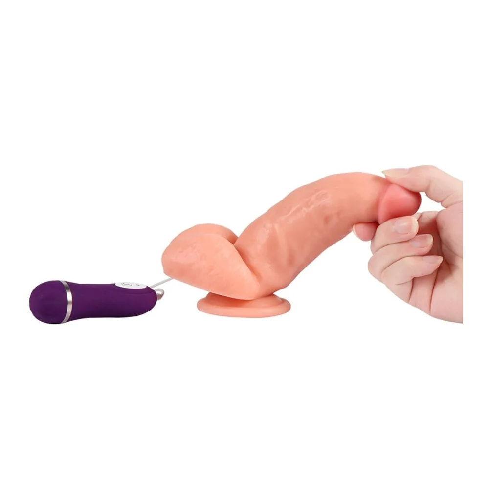 Vibromasseur réaliste en silicone rose chair avec base ventouse, télécommande violette sans fil, flexibilité démontrée en main