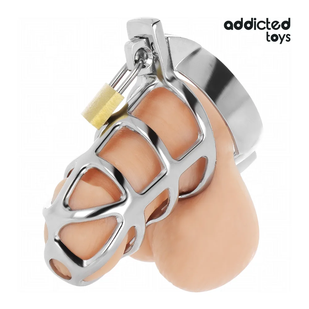 Schéma de dimensions de la cage de chasteté Silver Lock M sur fond noir, affichant les mesures en millimètres de chaque composant et l'indication d'assemblage facile