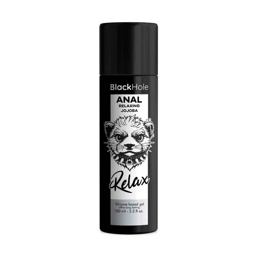 Flacon noir de lubrifiant anal BlackHole Relax, 100 ml, à base de silicone avec jojoba, étiquette blanche ornée d'un motif de loutres