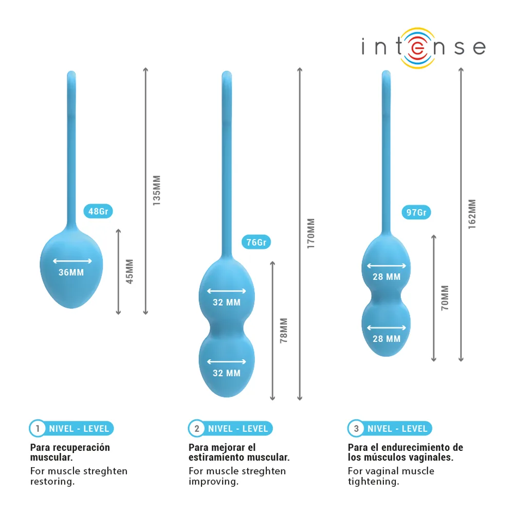 Schéma du kit Intense Charli composé de trois boules de Kegel en silicone vert menthe, avec dimensions et poids respectifs, présenté en trois niveaux de difficulté pour le renforcement musculaire