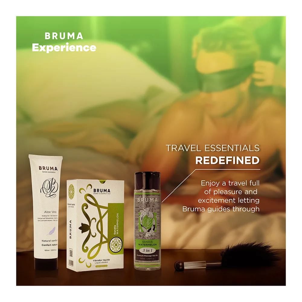 Coffret Bruma Experience contenant cinq produits : tube de gel Aloe Vera, sachet de poudre, spray, flacon et jouet noir, présentés dans leur emballage blanc et noir