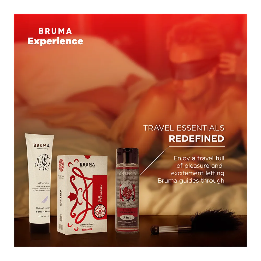 Coffret BRUMA Experience avec emballage blanc présentant un schéma des composants : lubrifiant aromatisé, huile de massage 3 en 1, bandeau satin et plumes à chatouillement
