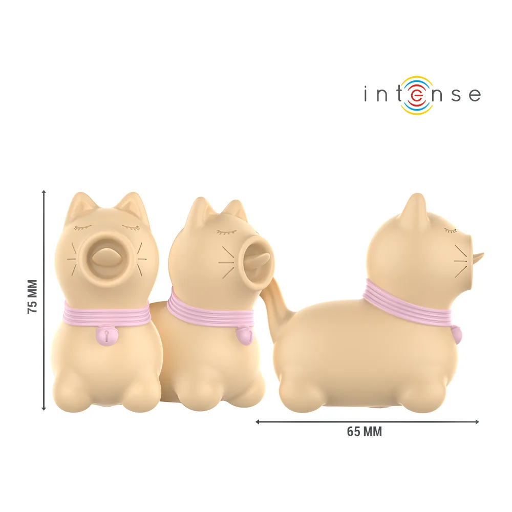 Stimulateur clitoridien rose en silicone en forme de chat avec langue pulsante, yeux fermés et collier blanc, présenté avec schéma technique montrant le mécanisme de pulsation
