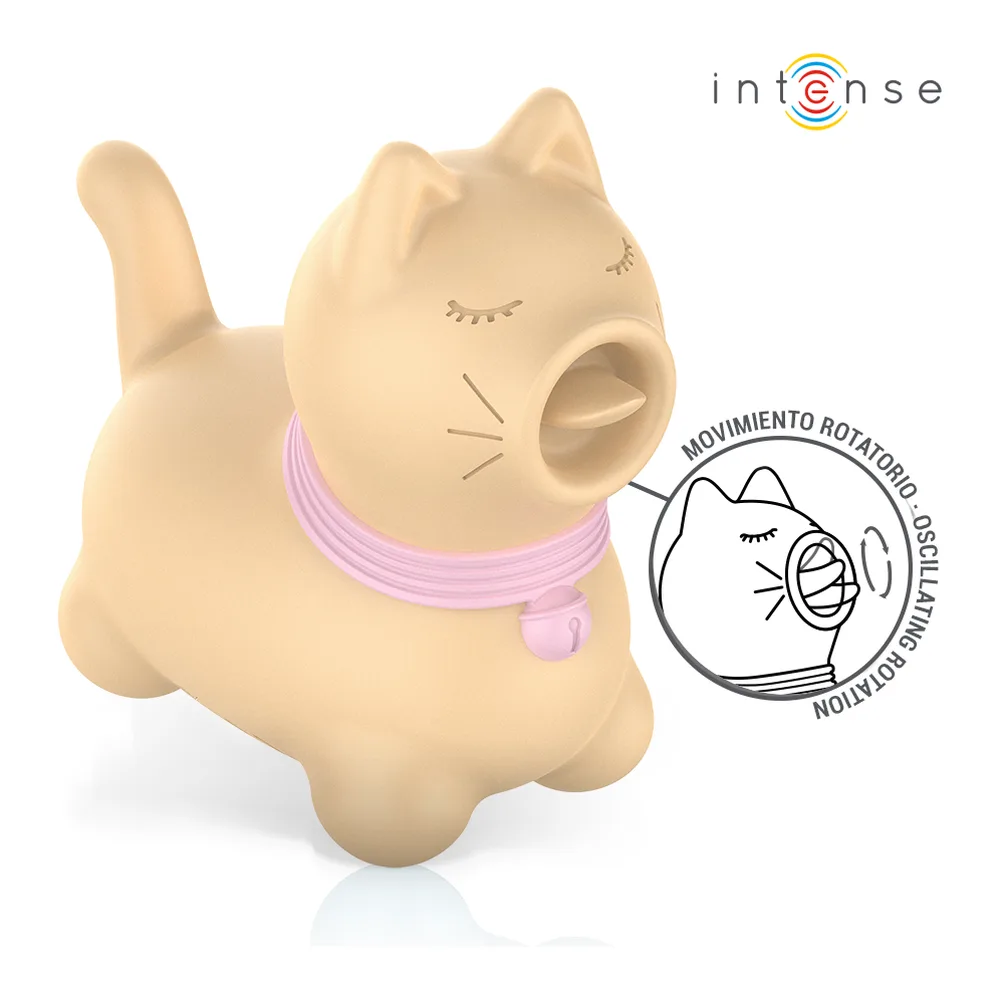 Stimulateur clitoridien rose en silicone en forme de chat avec langue pulsante, yeux fermés et collier blanc, présenté avec schéma technique montrant le mécanisme de pulsation