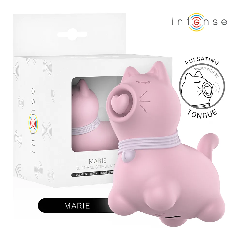 Stimulateur clitoridien rose en silicone en forme de chat avec langue pulsante, yeux fermés et collier blanc, présenté avec schéma technique montrant le mécanisme de pulsation