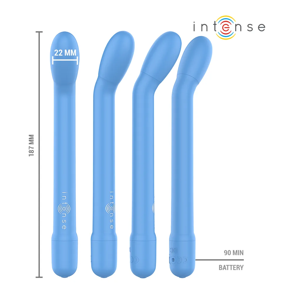 Stimulateur clitoridien Intense Karlie en silicone violet rigide, tenu dans deux mains écartées pour montrer sa forme allongée et fine, sur fond blanc