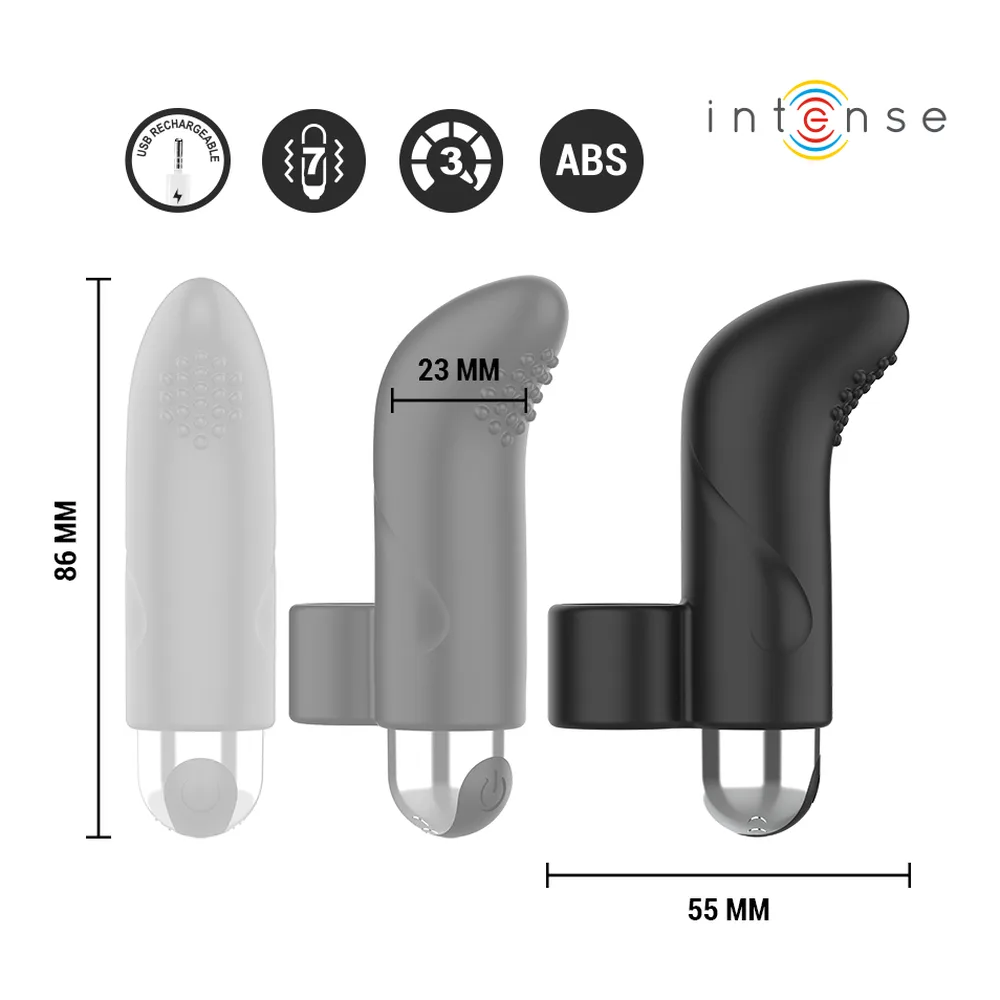 Schéma technique du stimulateur doigt Damiano noir avec trois vues, dimensions 86 mm de hauteur et 55 mm de largeur, tête de 23 mm, icônes indiquant recharge USB, étanchéité, 3 modes et ABS