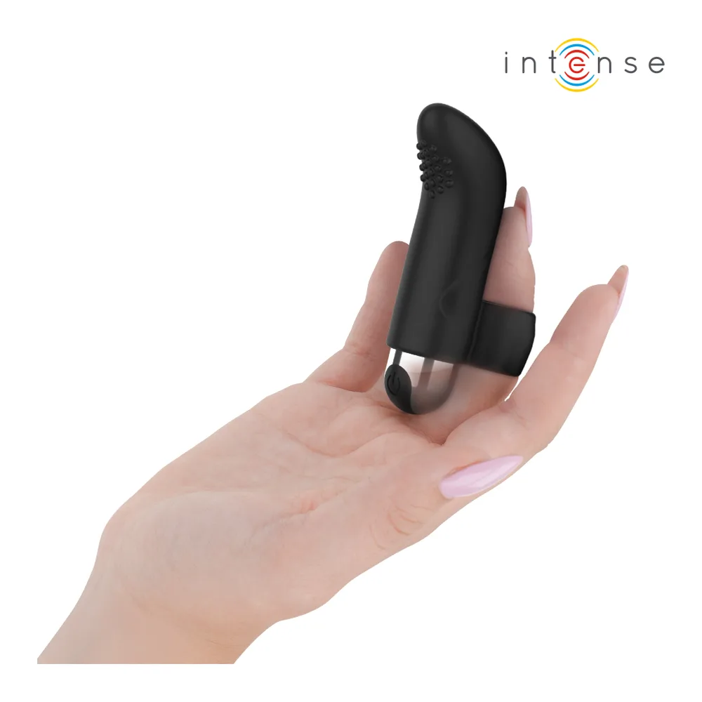 Schéma technique du stimulateur doigt Damiano noir avec trois vues, dimensions 86 mm de hauteur et 55 mm de largeur, tête de 23 mm, icônes indiquant recharge USB, étanchéité, 3 modes et ABS