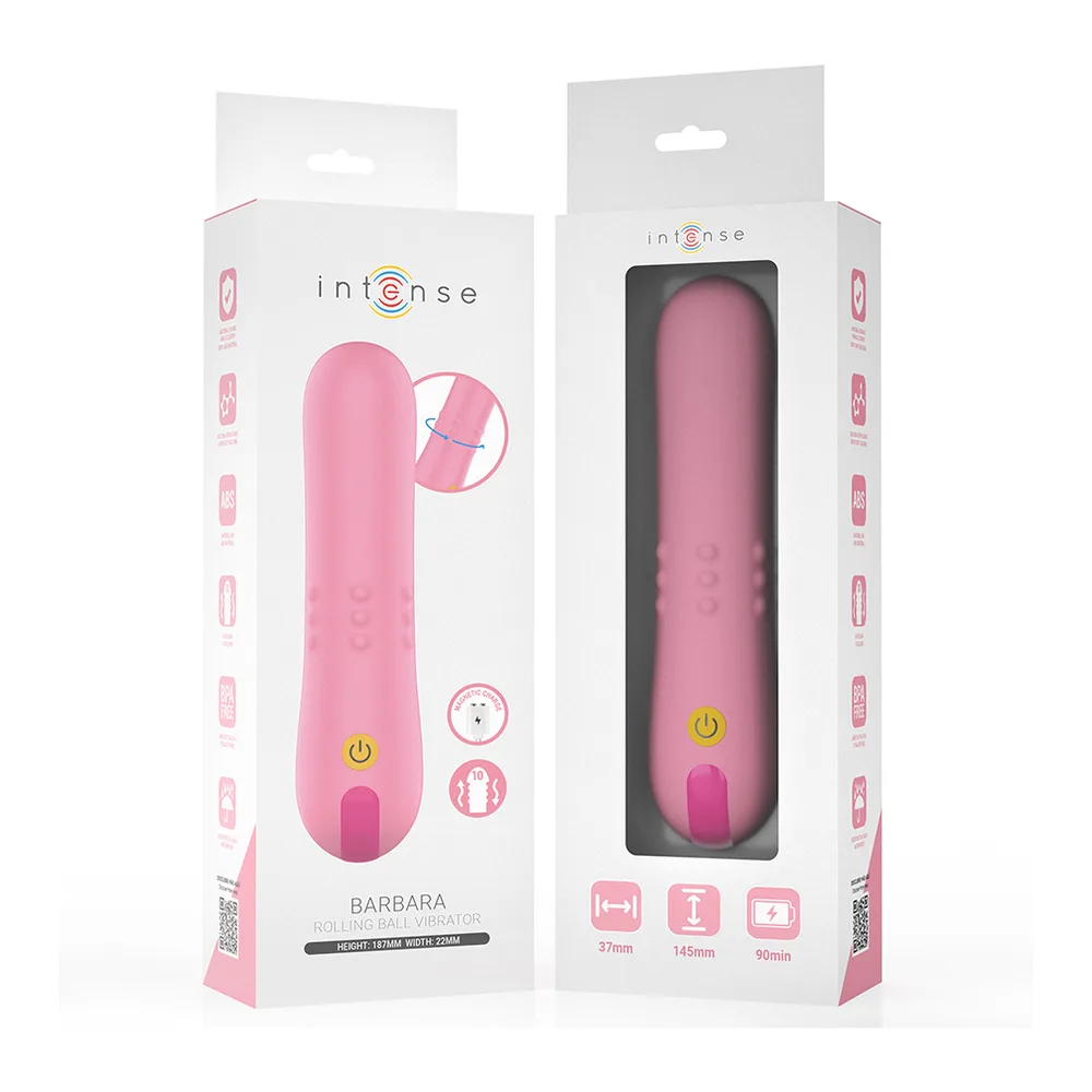 Emballage du vibromasseur Barbara rose bonbon Intense, montrant le produit avec bille roulante et bouton de contrôle doré, dimensions et modes d'utilisation visibles