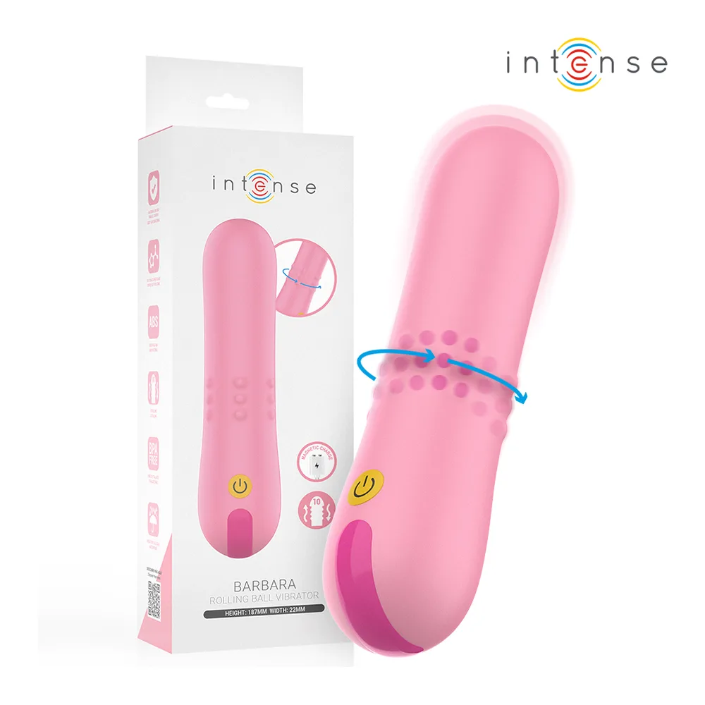 Emballage du vibromasseur Barbara rose bonbon Intense, montrant le produit avec bille roulante et bouton de contrôle doré, dimensions et modes d'utilisation visibles