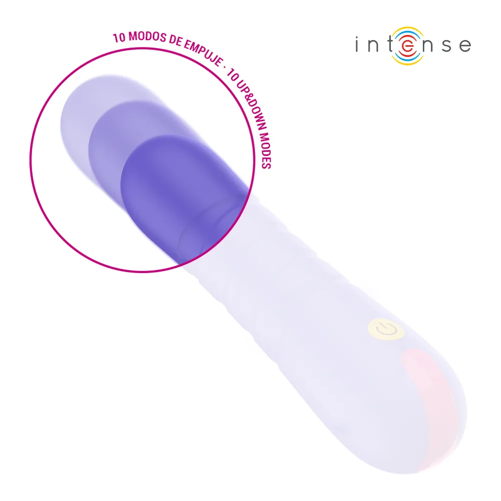 Stimulateur clitoridien Stella Pénétration Va-et-Vient en silicone violet et lilas, avec tête arrondie et corps effilé, sur fond blanc. Cercle en surbrillance montrant le mécanisme de va-et-vient