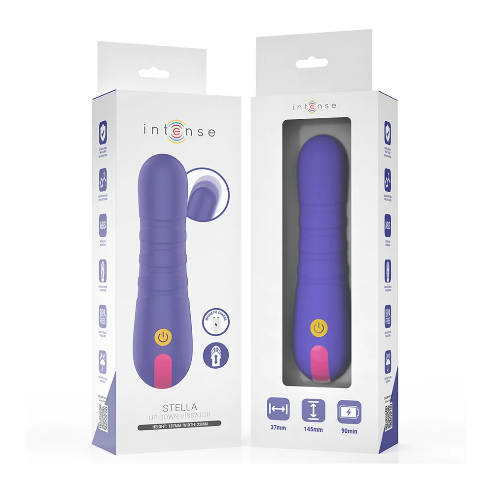 Stimulateur clitoridien Stella Pénétration Va-et-Vient en silicone violet et lilas, avec tête arrondie et corps effilé, sur fond blanc. Cercle en surbrillance montrant le mécanisme de va-et-vient