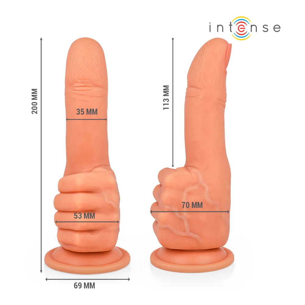 Schéma de dimensions du stimulateur point Main en silicone rose corail, vue de face et de côté, avec mesures indiquées : 200 mm de hauteur totale, 35 mm de diamètre à la tête, 53 mm de largeur à la main sculptée, 69 mm de base, 113 mm de hauteur latérale et 70 mm de profondeur