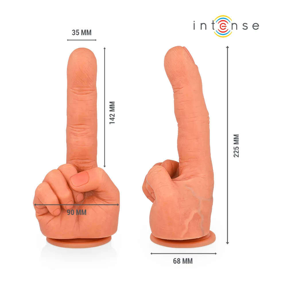 Quatre godes en silicone couleur chair représentant une main ouverte avec doigts tendus, montés sur ventouse, présentés de face et profil