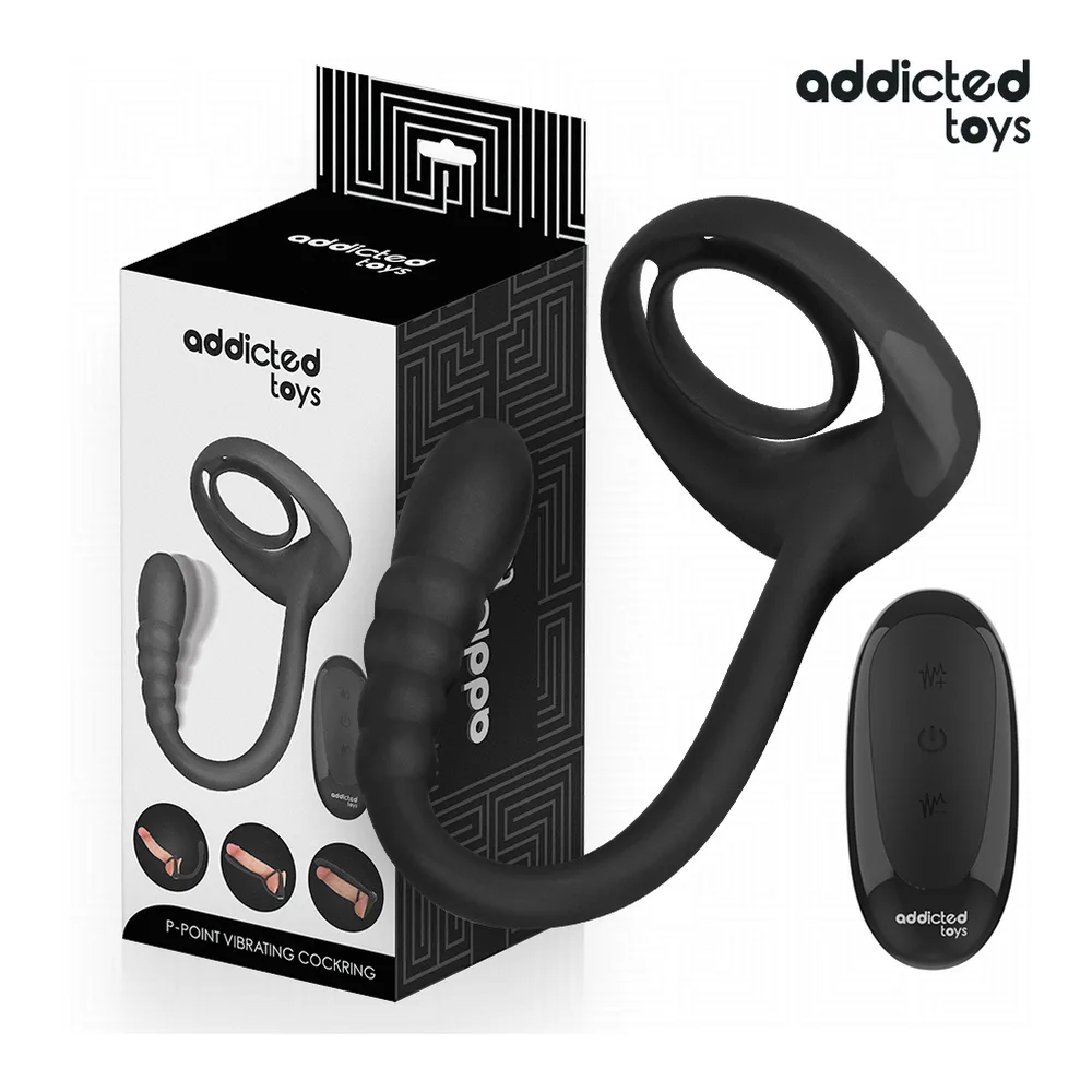 Emballage et cockring vibrant noir en silicone avec tige prostatique courbe, anneau pénien et télécommande sans fil noire, sur fond blanc