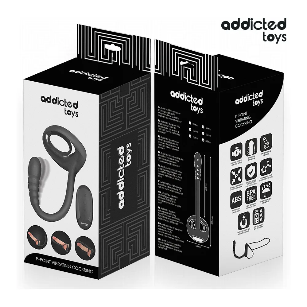 Emballage et cockring vibrant noir en silicone avec tige prostatique courbe, anneau pénien et télécommande sans fil noire, sur fond blanc