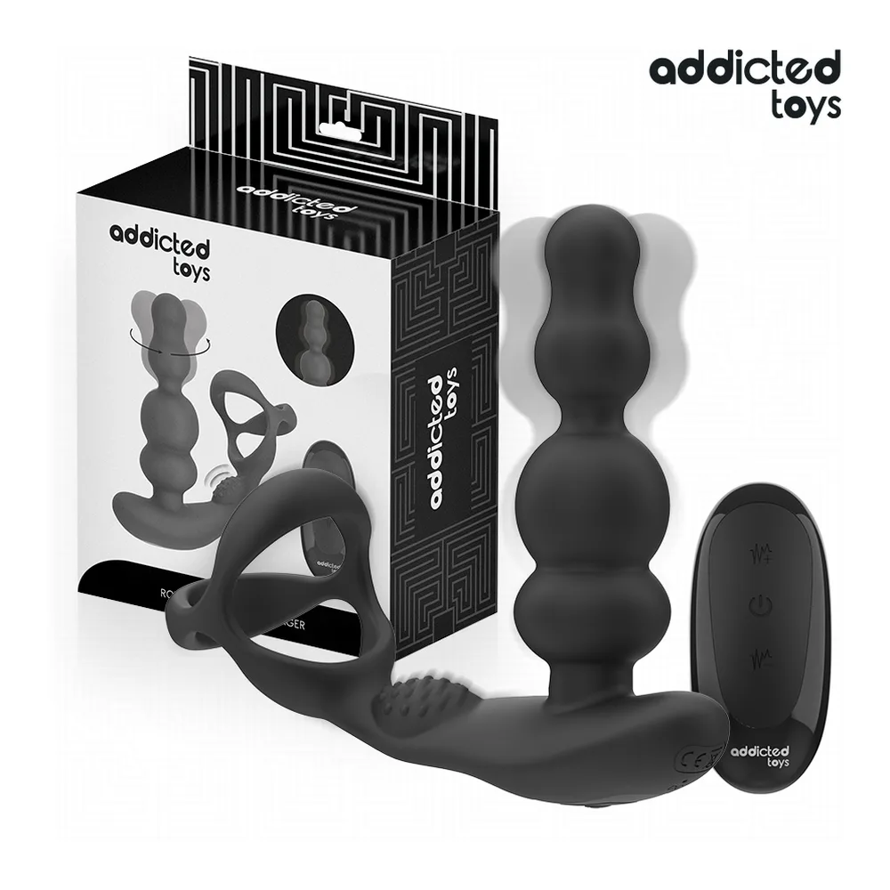 Boîte de stimulateur de prostate noir avec télécommande sans fil, affichant le produit et ses accessoires inclus en silicone