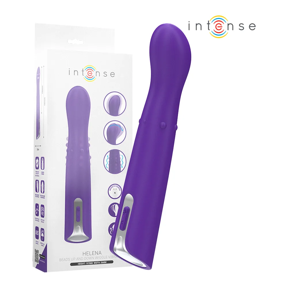 Vibromasseur Helena Beads Down violet tenu en main, montrant sa forme allongée et sa tête arrondie, avec boutons de contrôle sur le corps