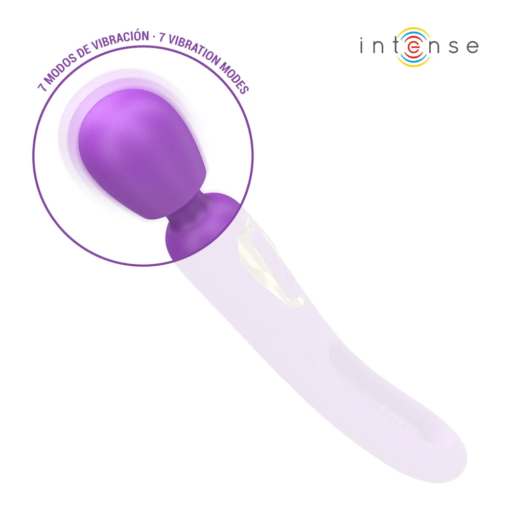 Baguette vibrante violette avec tête oscillante, rechargeable et étanche, présentée en main avec détails dorés et touches de commande