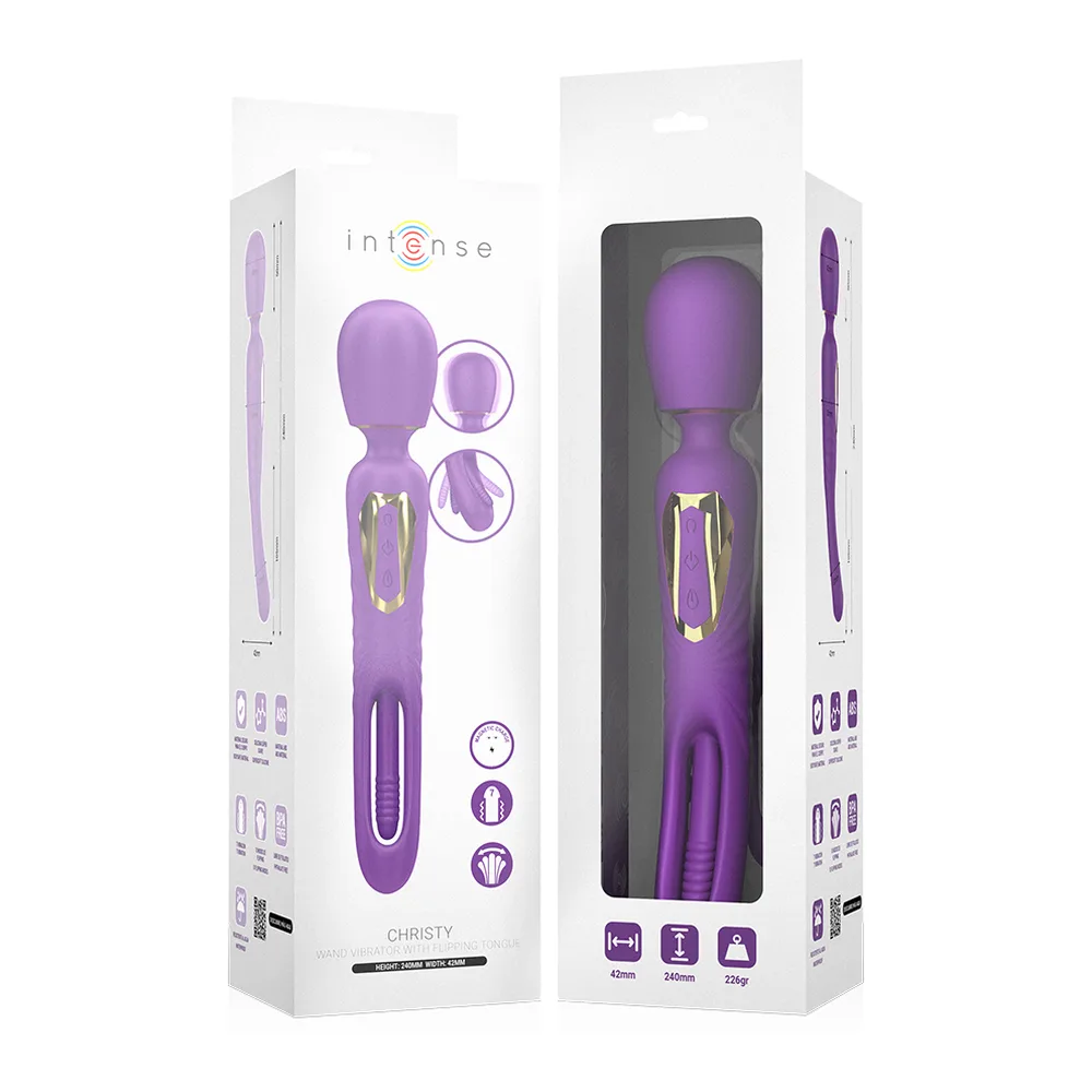 Baguette vibrante violette avec tête oscillante, rechargeable et étanche, présentée en main avec détails dorés et touches de commande