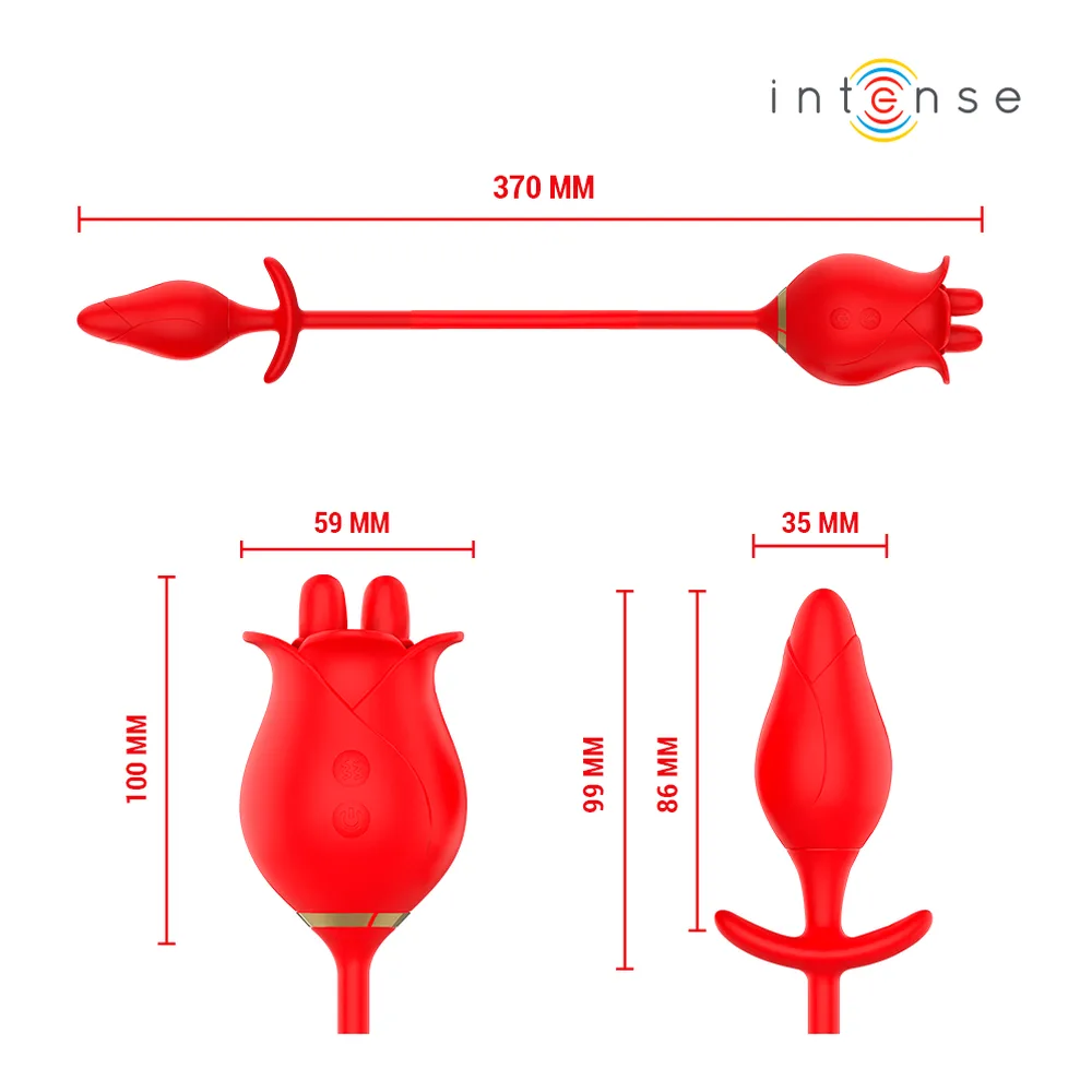Schéma technique d'un stimulateur clitoridien rouge en silicone, montrant les dimensions (370 mm longueur totale) et les vues de trois angles différents du produit