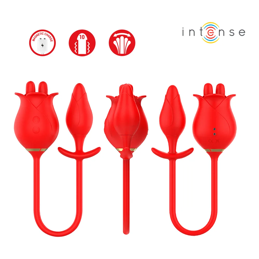 Schéma technique d'un stimulateur clitoridien rouge en silicone, montrant les dimensions (370 mm longueur totale) et les vues de trois angles différents du produit