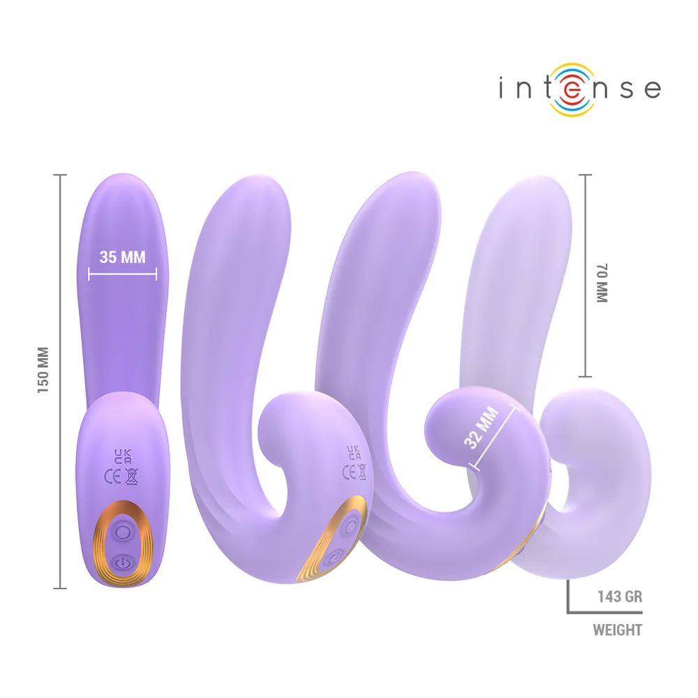 Stimulateur clitoridien violet en silicone reposant sur une main, forme ergonomique avec deux zones de stimulation distinctes