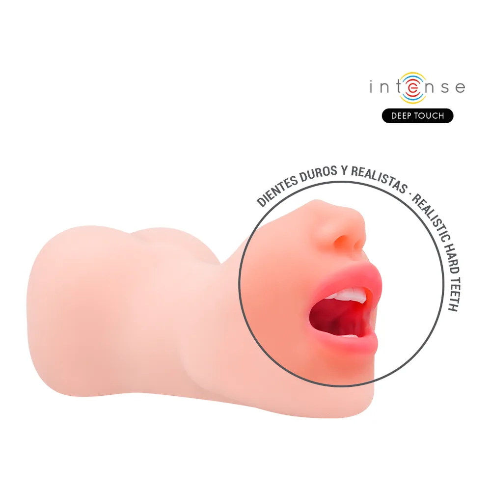 Masturbateur double orifices en silicone rose pêche avec bouche et vulve, deux détails anatomiques en rose vif, emballage blanc montrant le produit et ses caractéristiques