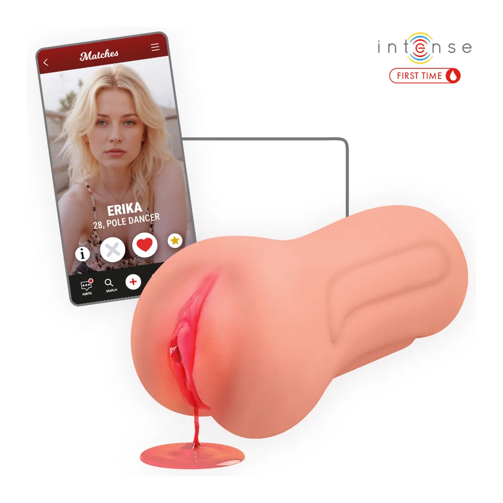 Masturbateur Erika Vierge de couleur chair avec ouverture vaginale rose vif, présenté en boîte blanche avec visuels détaillés et logo Intense First Time
