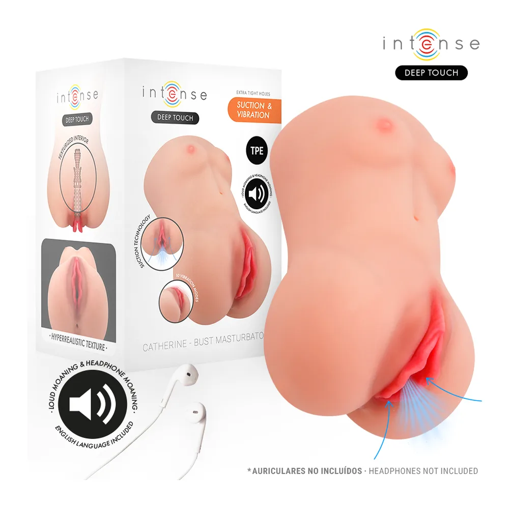 Emballage et masturbateur buste en TPE rose chair avec zones intimes rouges, doté de fonctions succion et vibration, présenté avec écouteurs
