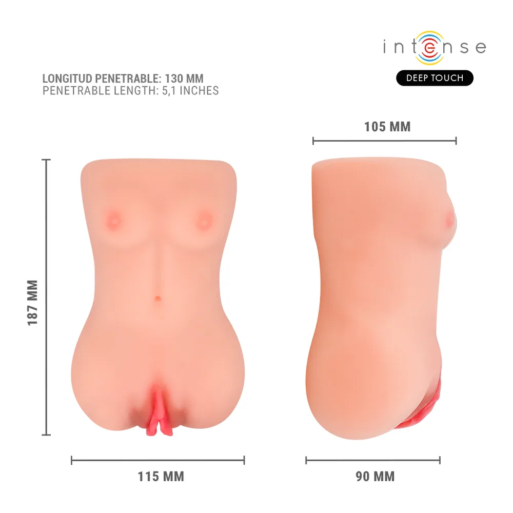 Emballage et masturbateur buste en TPE rose chair avec zones intimes rouges, doté de fonctions succion et vibration, présenté avec écouteurs