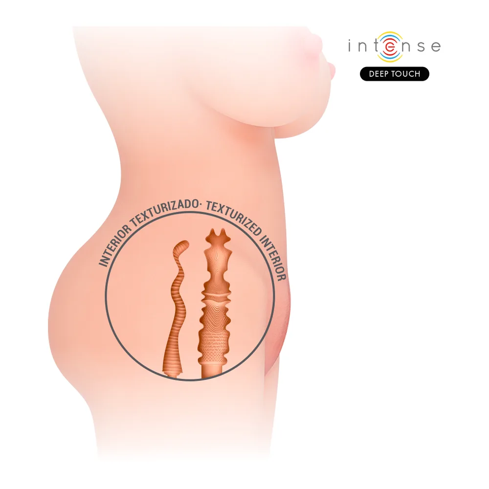 Masturbateur Jesse Torso en silicone chair avec deux orifices pénétrables, vue d'ensemble et détail agrandi montrant les entrées