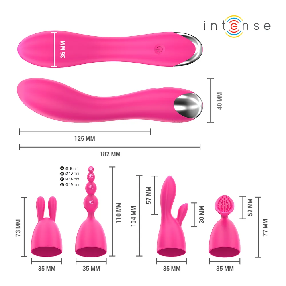 Vibrateur rose rechargeable Cher avec manche courbe et quatre embouts interchanables : lapin, pointe, cône texturé et cupule, sur fond blanc avec emballage