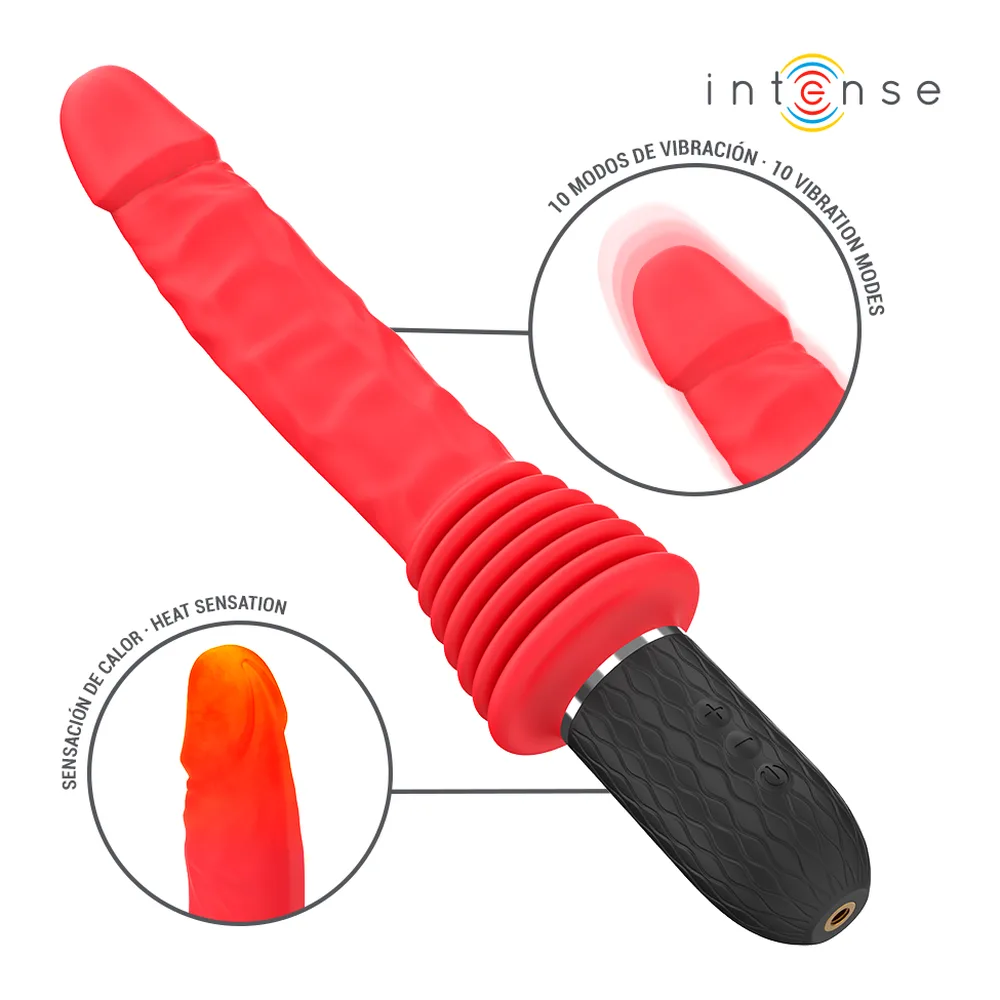 Vibromasseur réaliste rouge avec zones texturées, poignée noire mate et télécommande, vue de 3/4 avec schémas en cercles montrant les 10 modes de vibration et la fonction chauffante